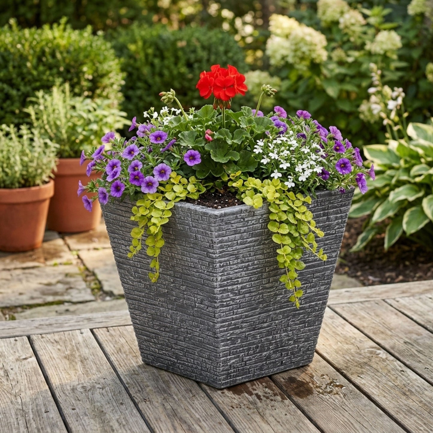 32cm Grey Slate Effect Square Planter for Patio & Garden