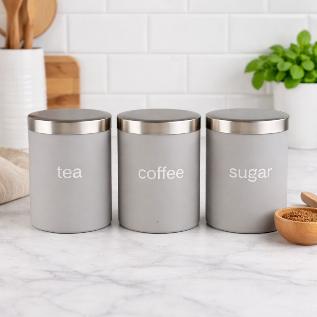 Set of 3 Modern Grey Tea, Coffee & Sugar Canisters – Airtight Storage Jars