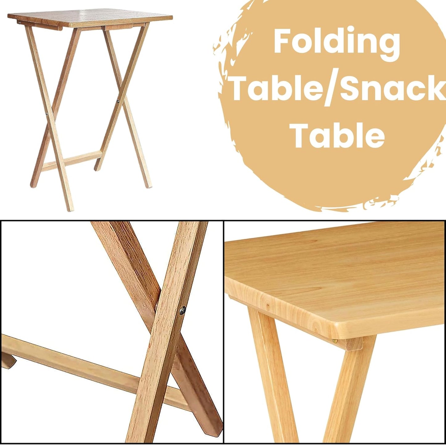 AAMEN Portable Folding Table – Wooden Snack Tray, TV Tray, Laptop & Side Table, Foldable Desk for Living Room, Natural Wood Finish