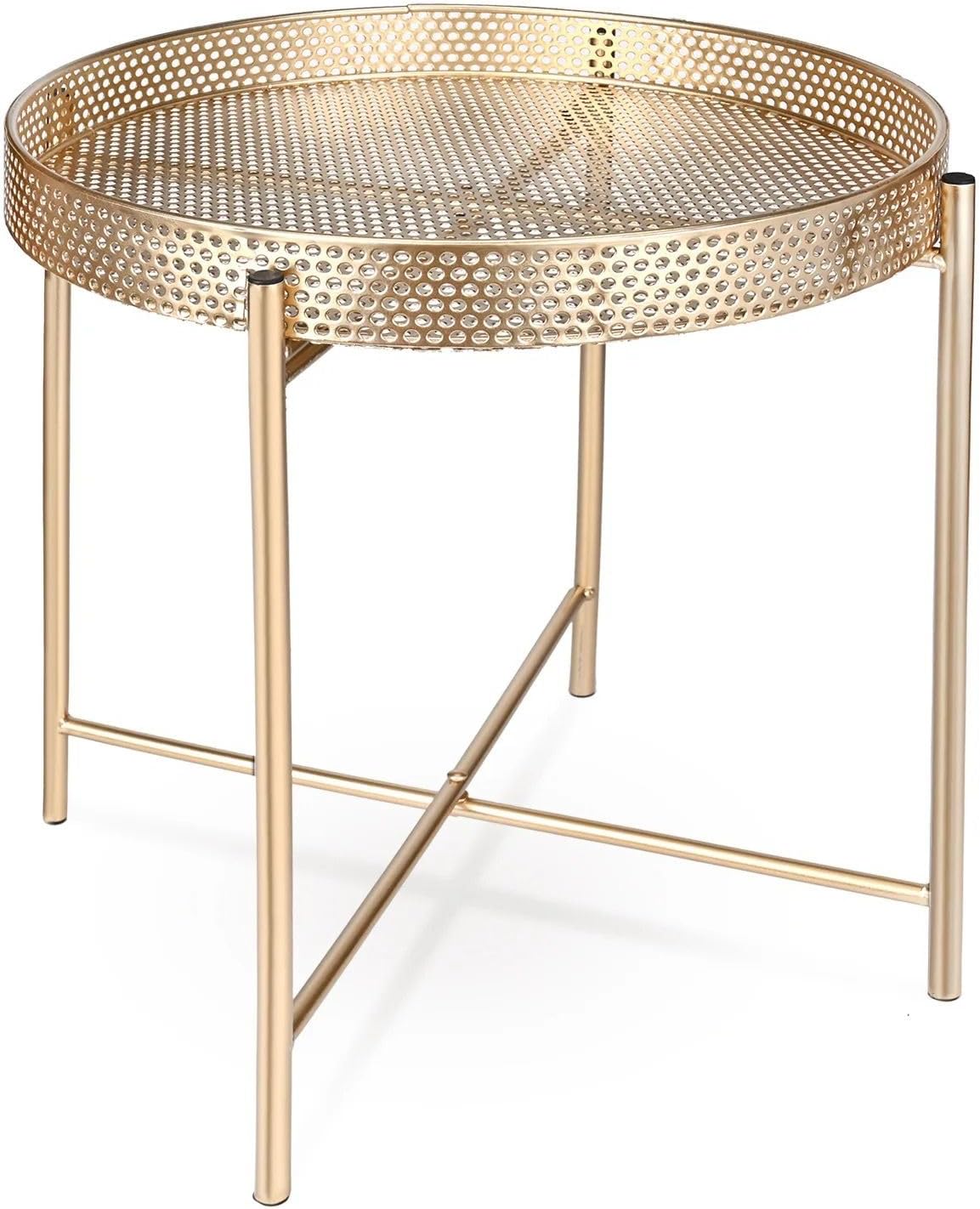 AAMEN Gold Accent Metal End Table, Metal Tray Table with Removable Tray, Anti-Rust Nightstand for Bedroom Balcony Patio Living Room