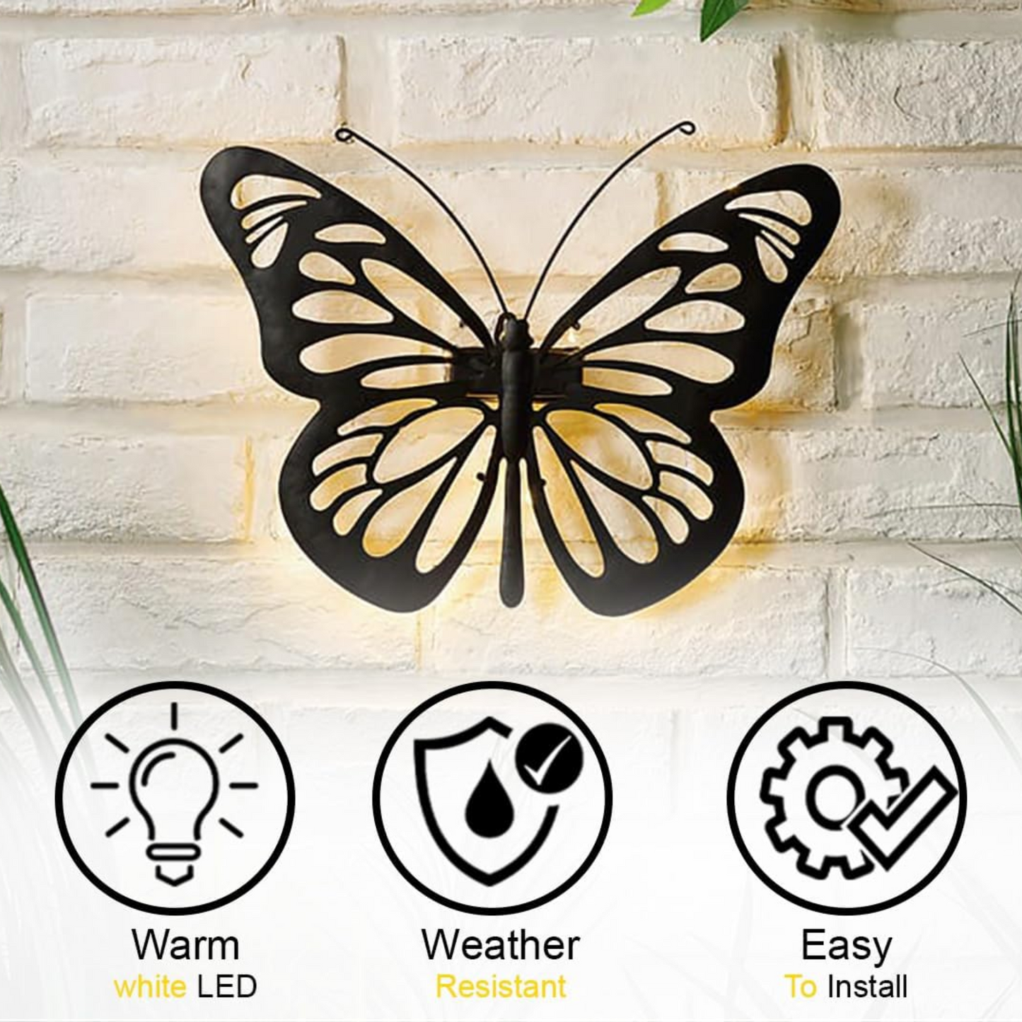 AAMEN Weatherproof Solar LED Butterfly Wall Art, Garden Metal Butterfly Outdoor Fence Ornaments Decoration Lights, Novelty Fence Wall Decoration Light - Outdoor with White Glow