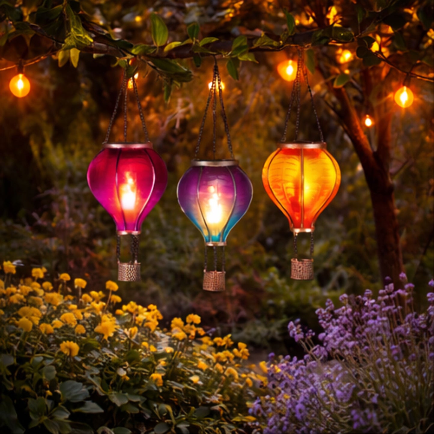 3 Pack Multi-Coloured Hot Air Balloon Solar Garden Lights – Hanging Outdoor Flame LED Lanterns