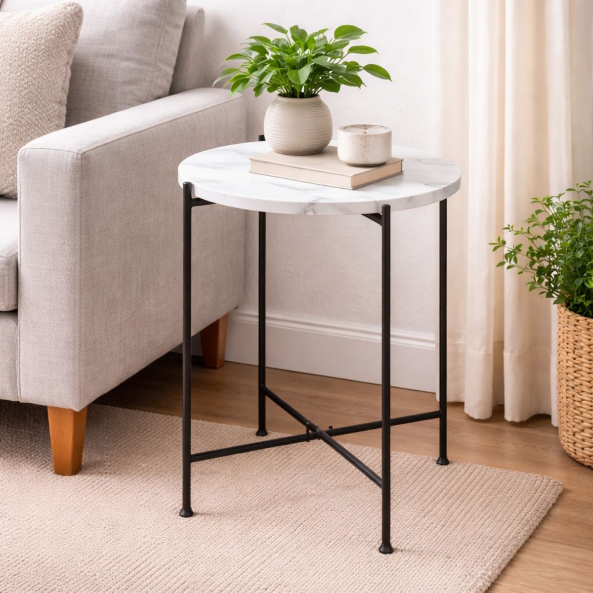 Round End Table, Small Side Tables White Marble Top, Modern Lightweiht Bedside Small Coffee Table for Living Room Bedroom Small Space, Marble Top Coffee Tables