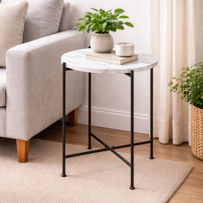 Round End Table, Small Side Tables White Marble Top, Modern Lightweiht Bedside Small Coffee Table for Living Room Bedroom Small Space, Marble Top Coffee Tables
