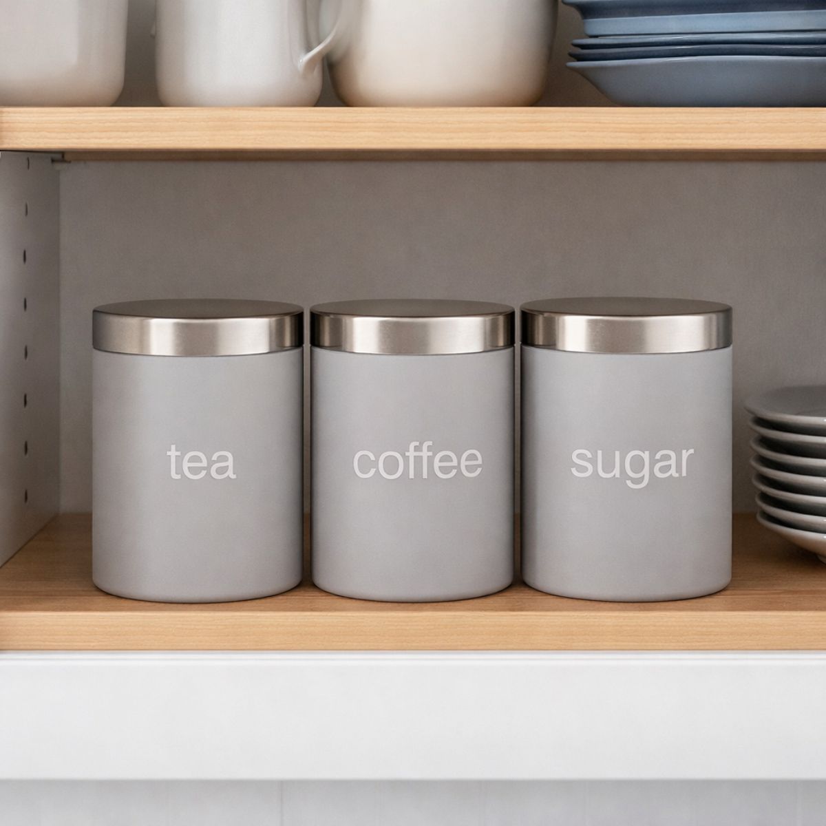 Set of 3 Modern Grey Tea, Coffee & Sugar Canisters – Airtight Storage Jars