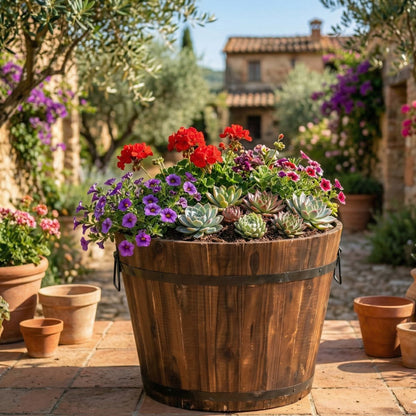 Large Wooden Barrel Planter | Rustic Outdoor Garden Pot