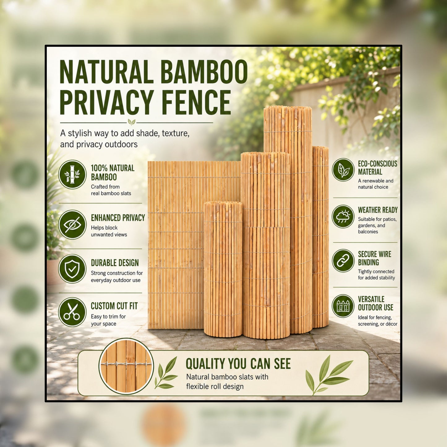 Natural Bamboo Slat Screening Garden Fence Roll