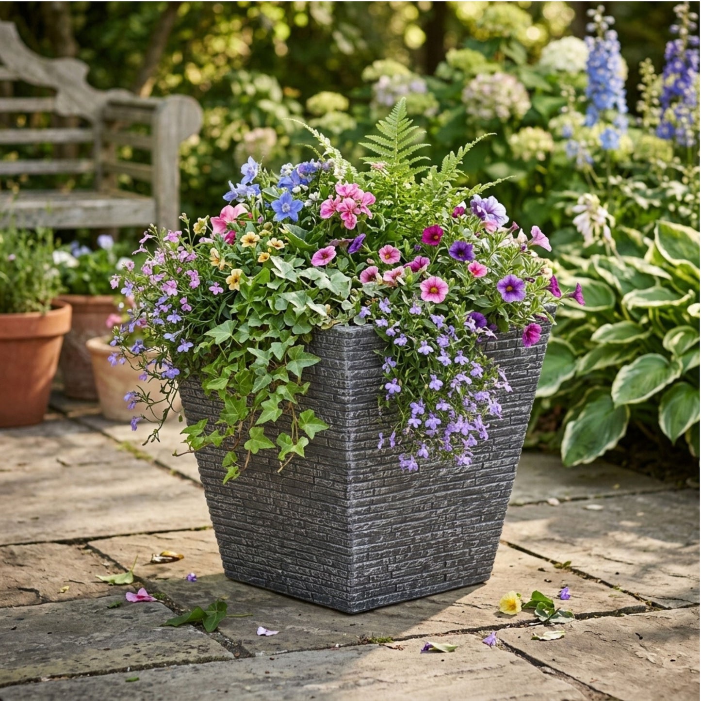 32cm Grey Slate Effect Square Planter for Patio & Garden