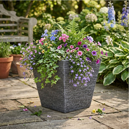 32cm Grey Slate Effect Square Planter for Patio & Garden