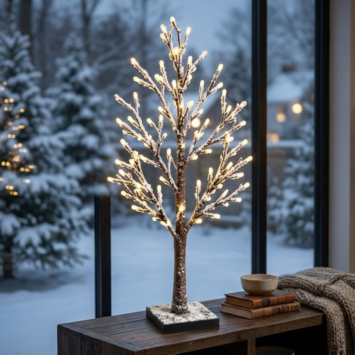 90cm Snowy Brown Twig Tree with 36 White LEDs