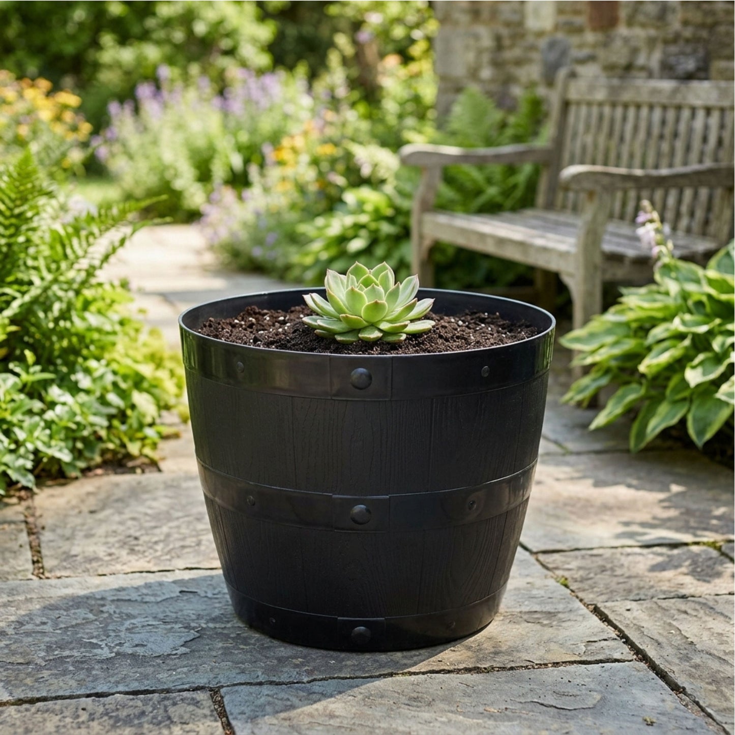 Large Black Barrel Plant Pot Tub | Plastic Outdoor/Indoor Planter