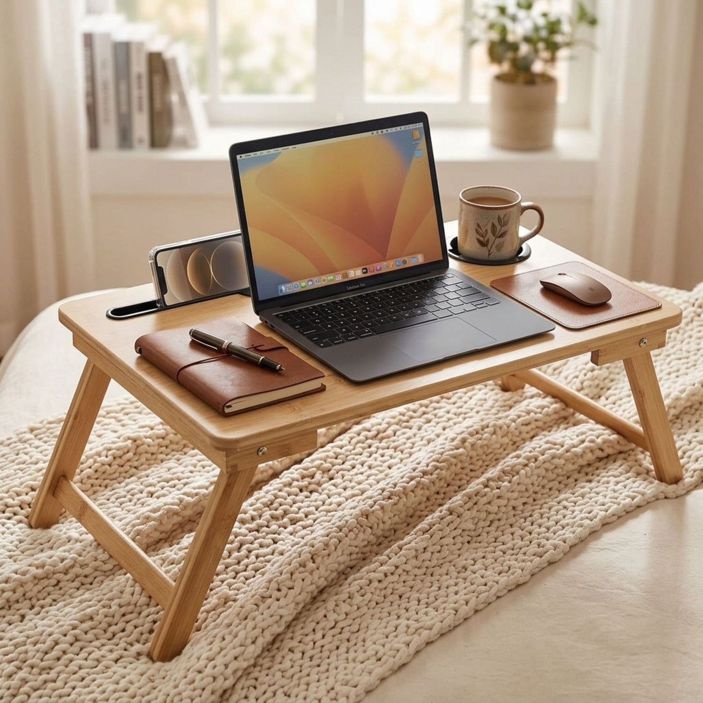 Bamboo Laptop Bed Table with Cup Holder - 63cm
