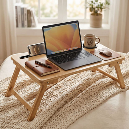 Bamboo Laptop Bed Table with Cup Holder - 63cm