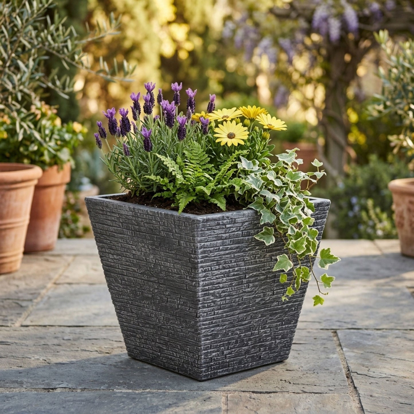 32cm Grey Slate Effect Square Planter for Patio & Garden