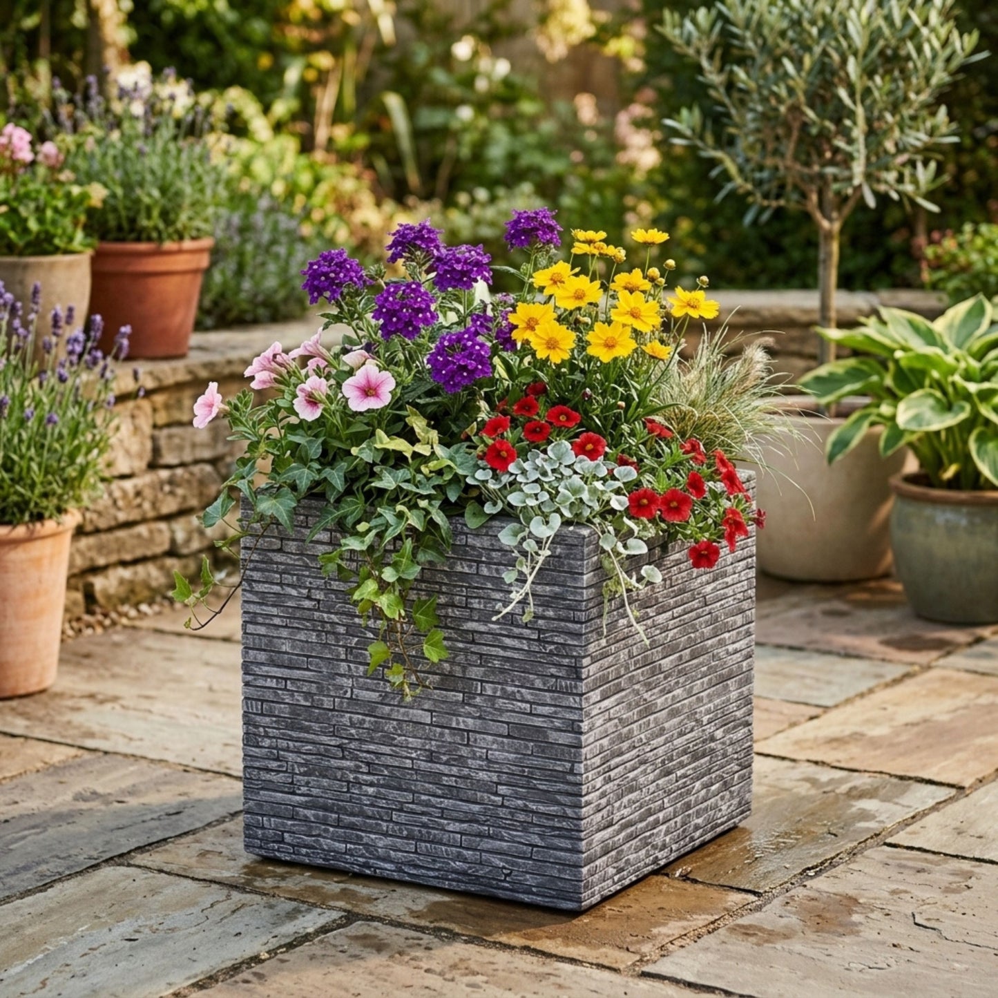 Small Grey Slate Effect Square Planter - 32cm