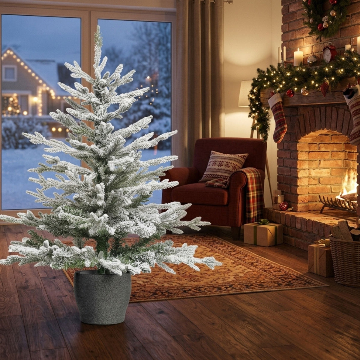 120cm Snowy Pine Potted Christmas Tree with Stone Effect Base