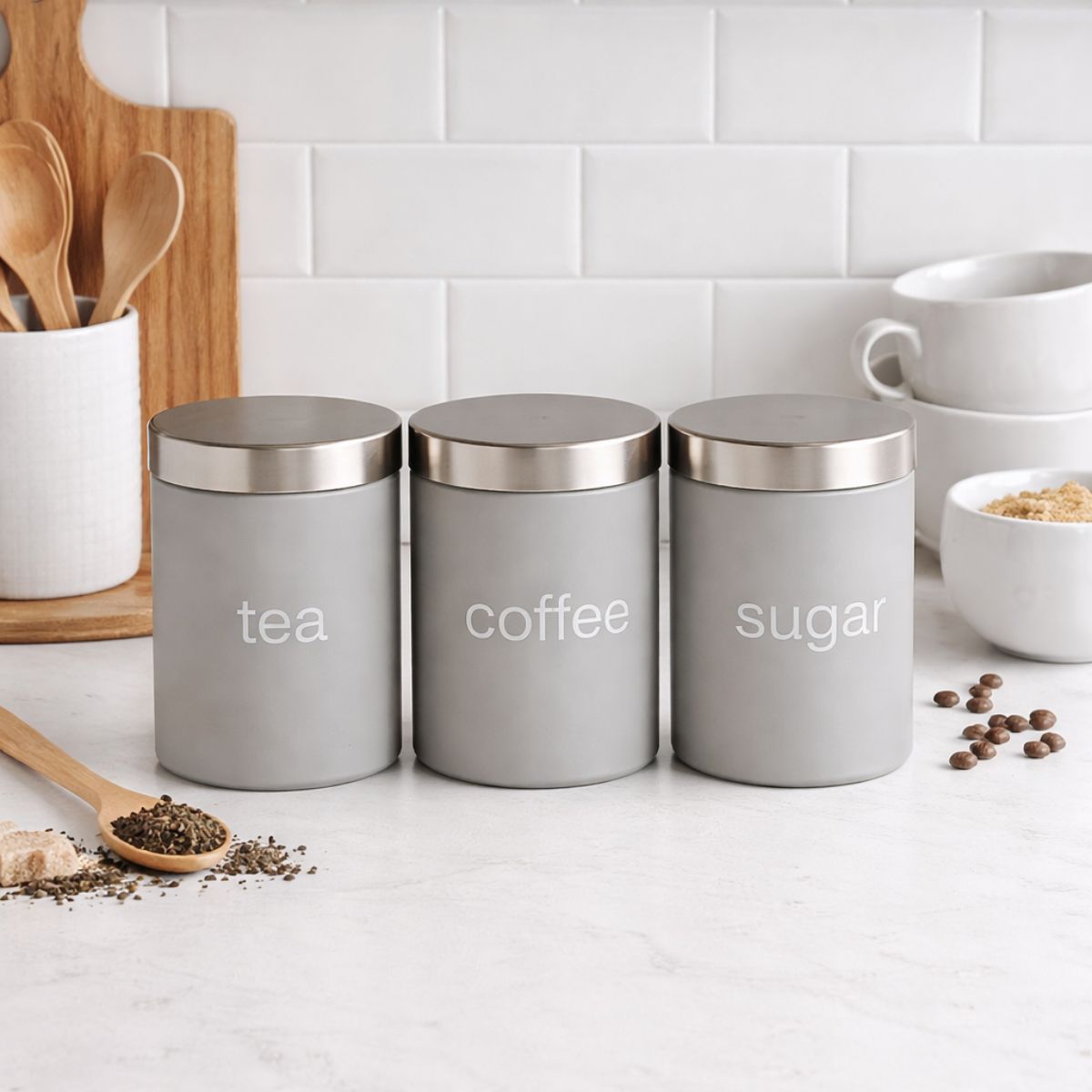 Set of 3 Modern Grey Tea, Coffee & Sugar Canisters – Airtight Storage Jars