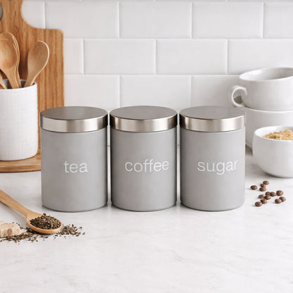 Set of 3 Modern Grey Tea, Coffee & Sugar Canisters – Airtight Storage Jars