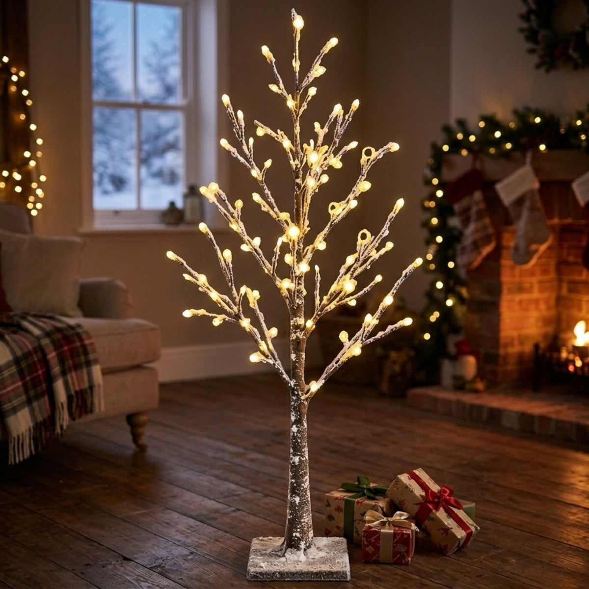 AAMEN Snowy LED Twig Tree with 48 Warm White Lights - 120cm
