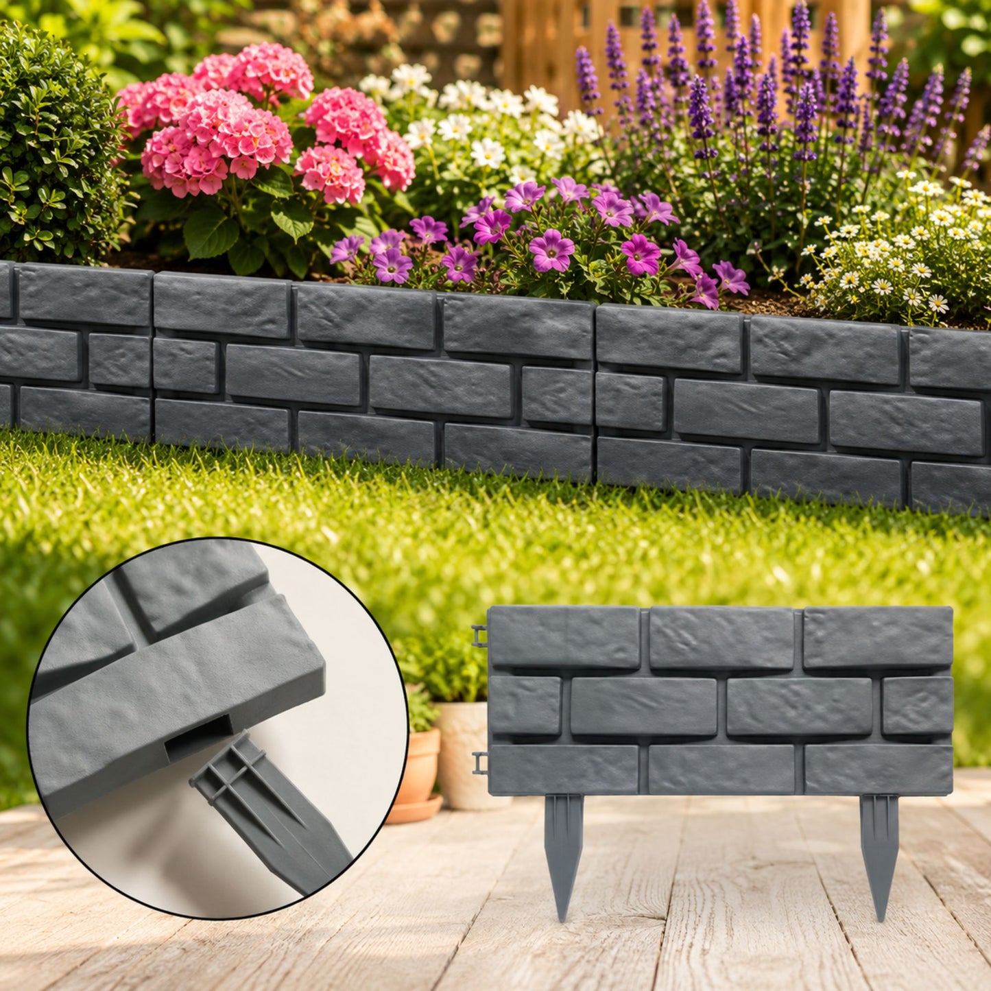 Stone Effect Plastic Garden Border Edging, Grey 4 Pack