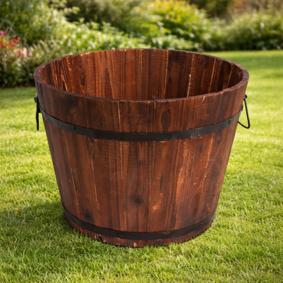 Large Wooden Barrel Planter | Rustic Outdoor Garden Pot