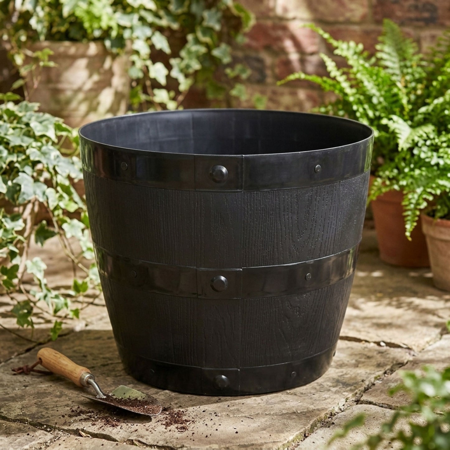 Large Black Barrel Plant Pot Tub | Plastic Outdoor/Indoor Planter