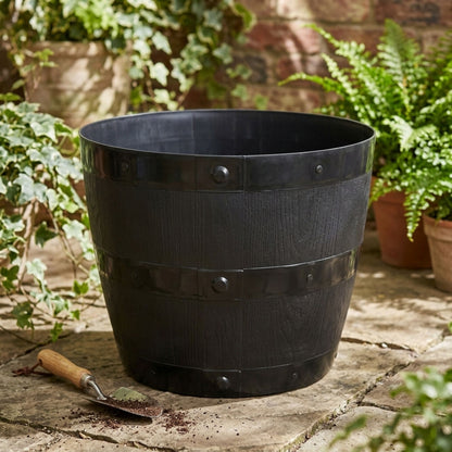 Large Black Barrel Plant Pot Tub | Plastic Outdoor/Indoor Planter