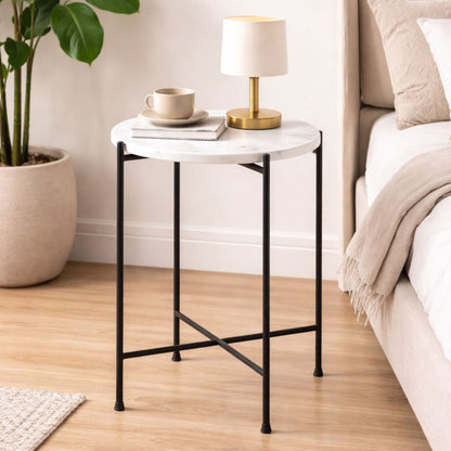 Round End Table, Small Side Tables White Marble Top, Modern Lightweiht Bedside Small Coffee Table for Living Room Bedroom Small Space, Marble Top Coffee Tables