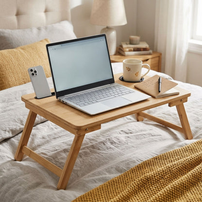 Bamboo Laptop Bed Table with Cup Holder - 63cm