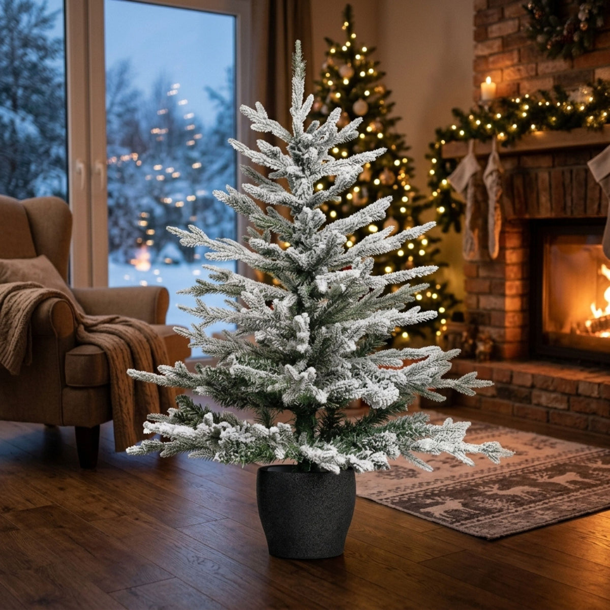 120cm Snowy Pine Potted Christmas Tree with Stone Effect Base