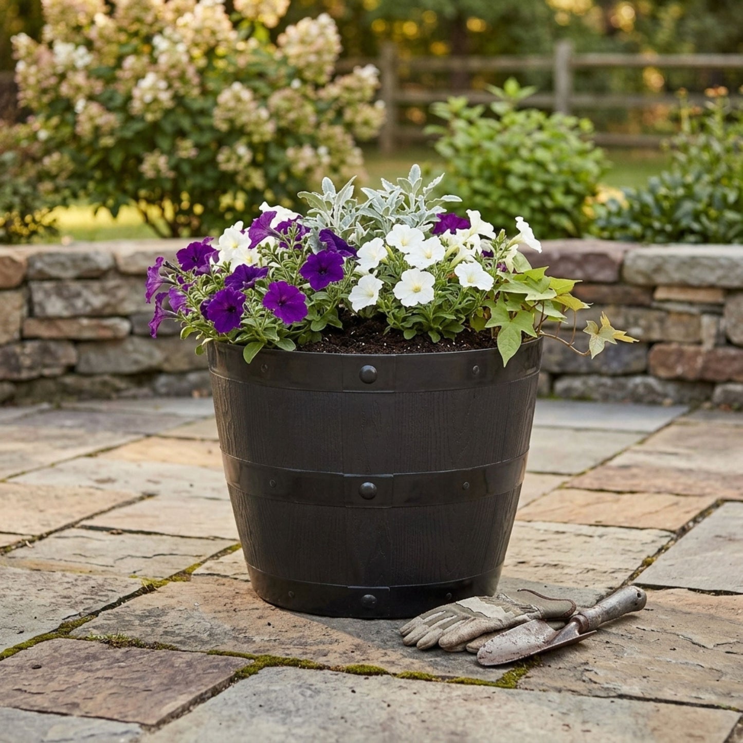 Large Black Barrel Plant Pot Tub | Plastic Outdoor/Indoor Planter