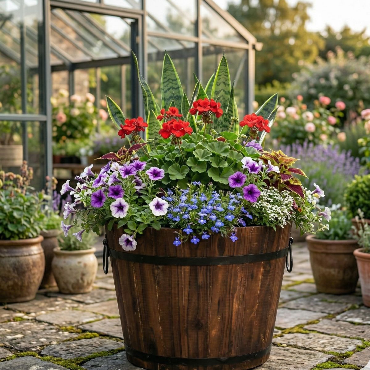 Large Wooden Barrel Planter | Rustic Outdoor Garden Pot