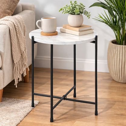 Round End Table, Small Side Tables White Marble Top, Modern Lightweiht Bedside Small Coffee Table for Living Room Bedroom Small Space, Marble Top Coffee Tables