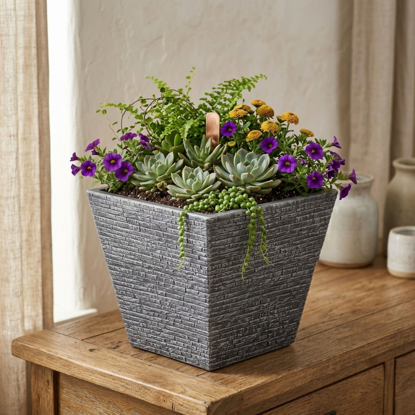 32cm Grey Slate Effect Square Planter for Patio & Garden