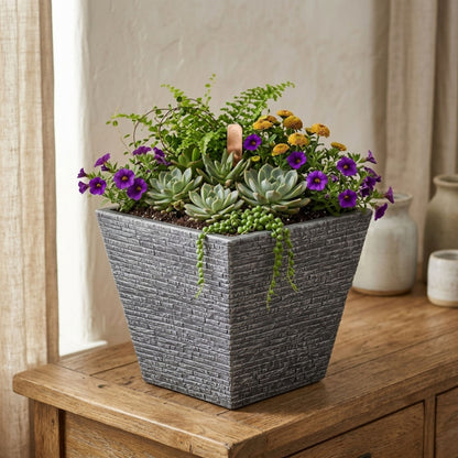 32cm Grey Slate Effect Square Planter for Patio & Garden