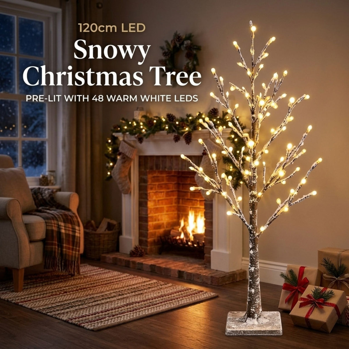 AAMEN Snowy LED Twig Tree with 48 Warm White Lights - 120cm