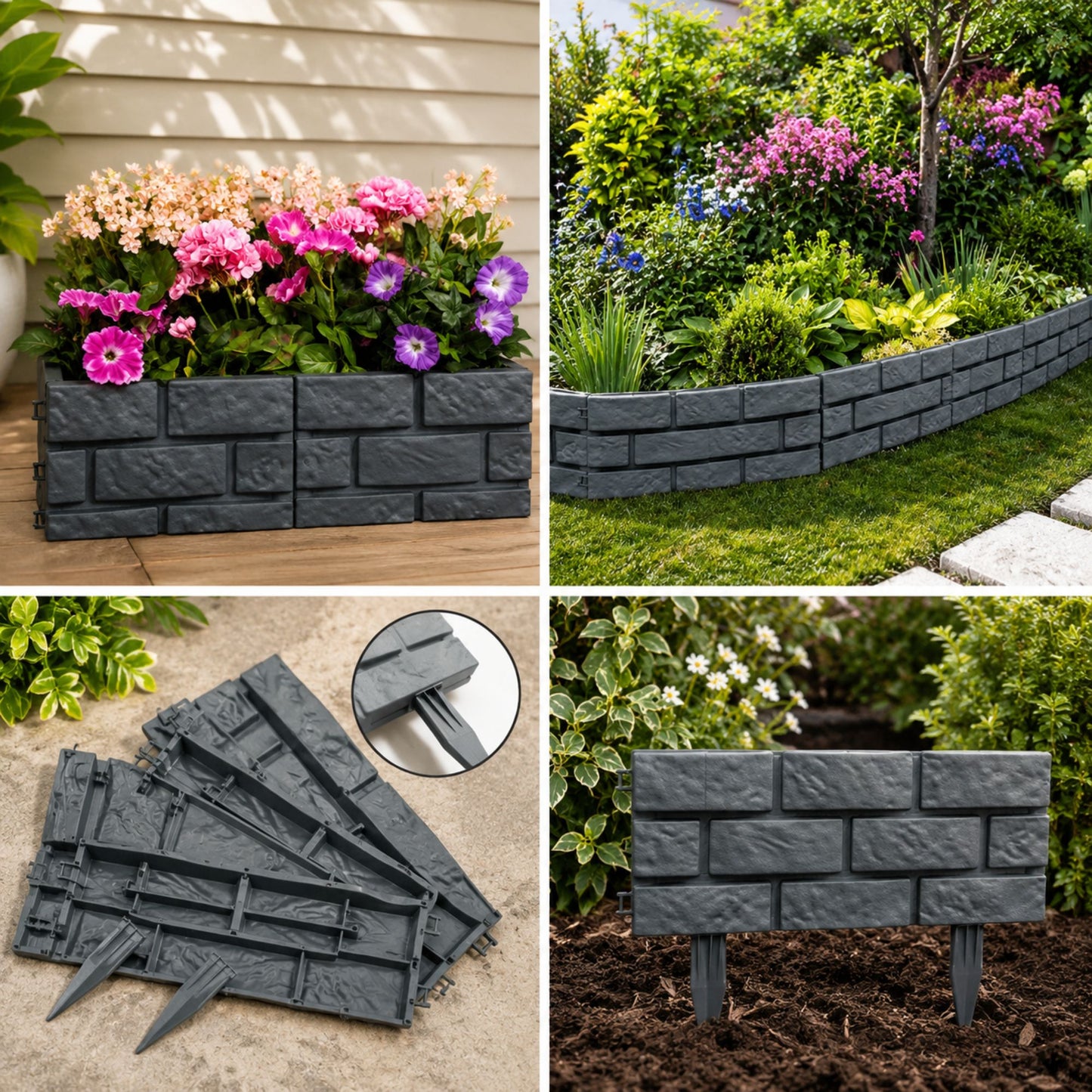 Stone Effect Plastic Garden Border Edging, Grey 4 Pack