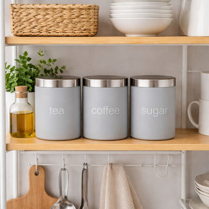 Set of 3 Modern Grey Tea, Coffee & Sugar Canisters – Airtight Storage Jars