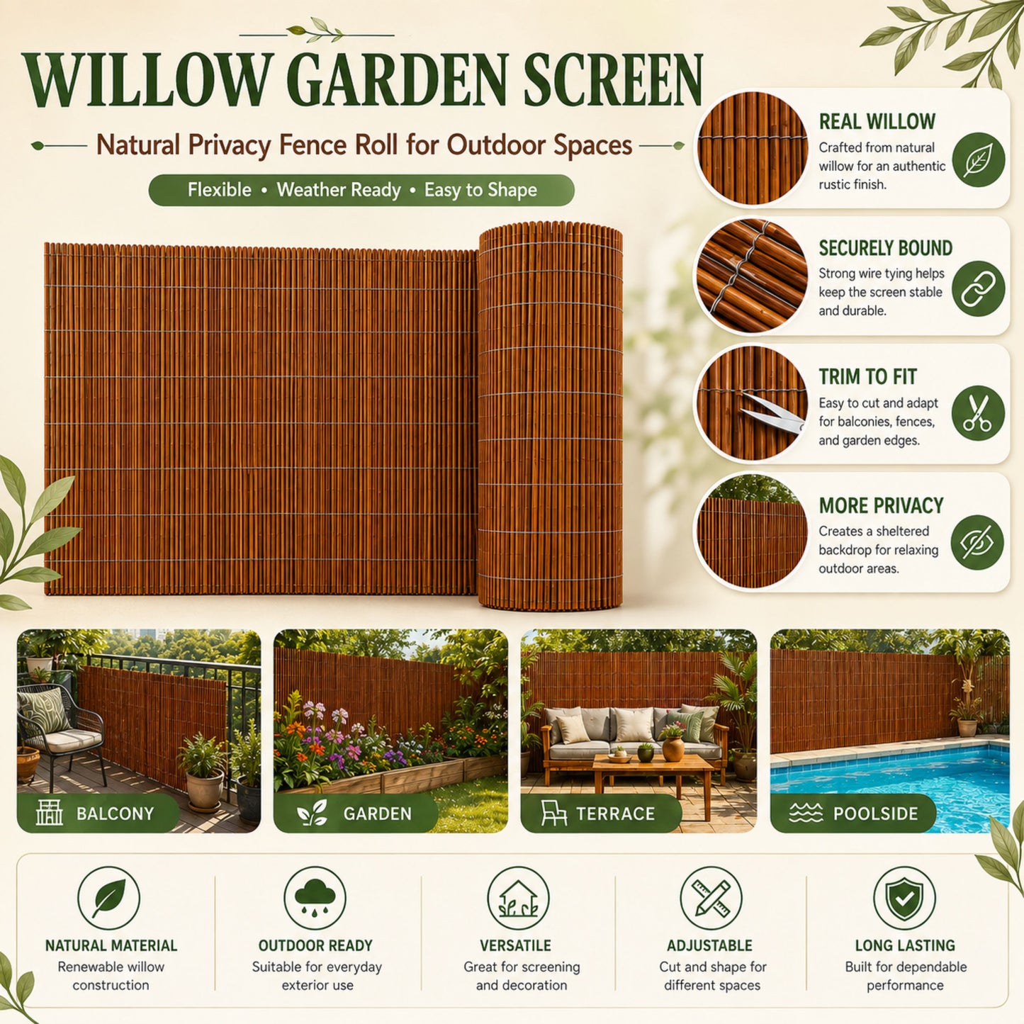 Natural Willow Fence Screening Roll For Garden
