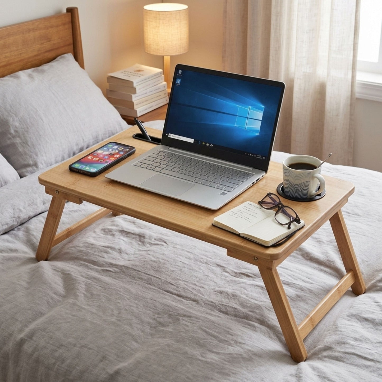 Bamboo Laptop Bed Table with Cup Holder - 63cm