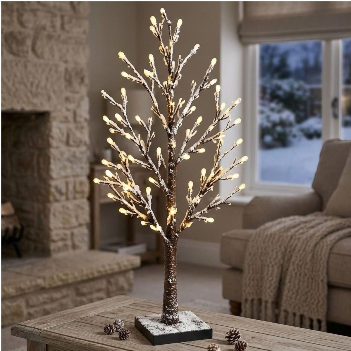90cm Snowy Brown Twig Tree with 36 White LEDs