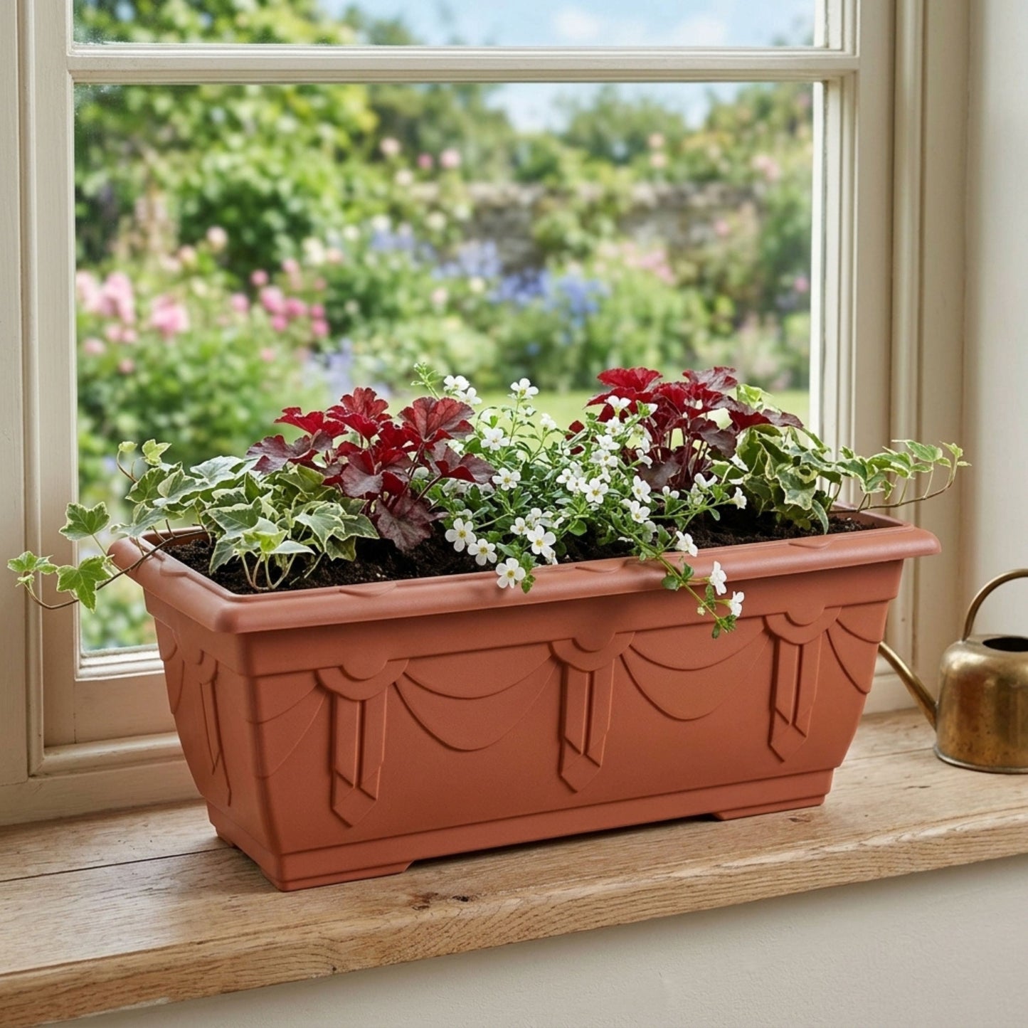 60cm Venetian Plastic Plant Pots with Trays - Large Outdoor Planters