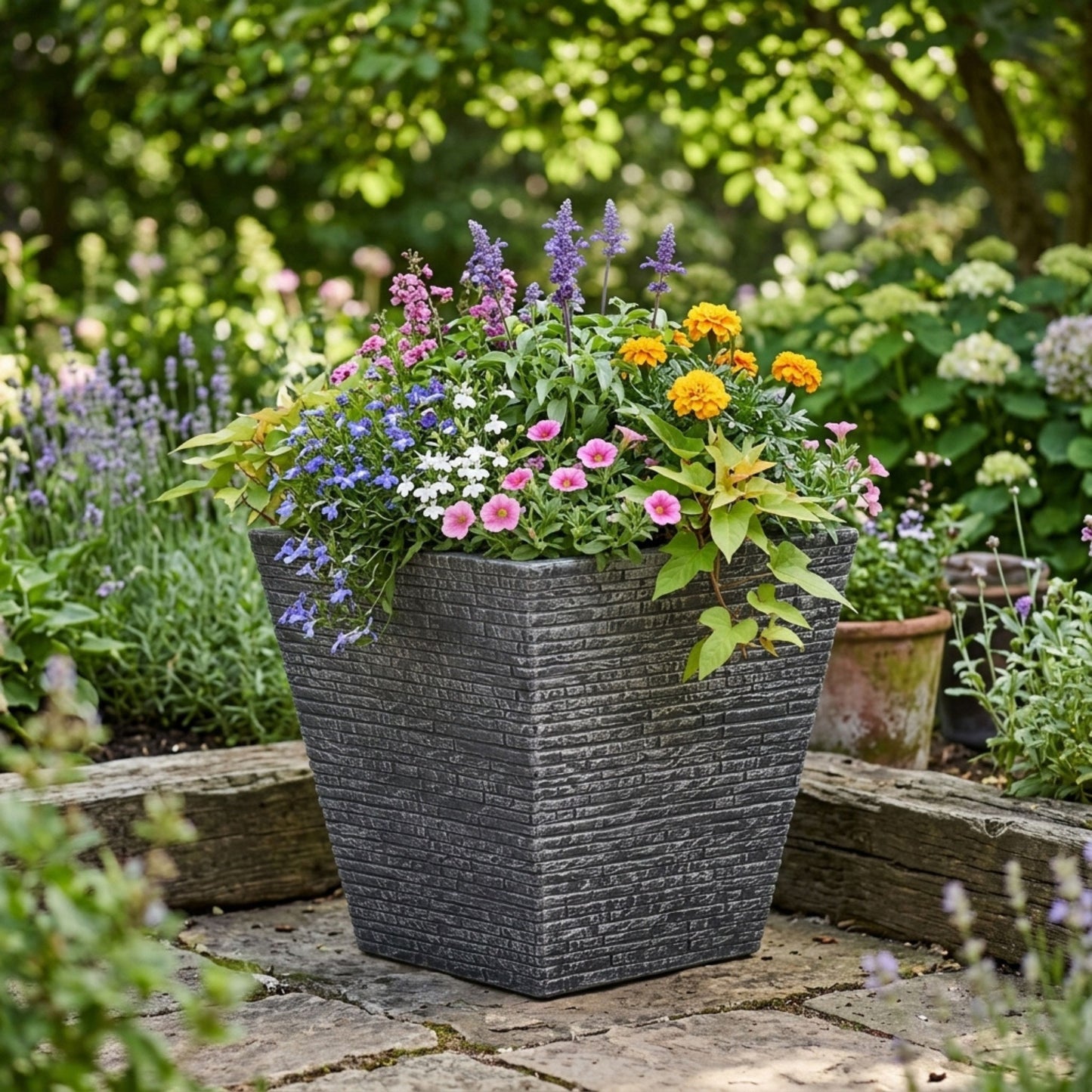 32cm Grey Slate Effect Square Planter for Patio & Garden
