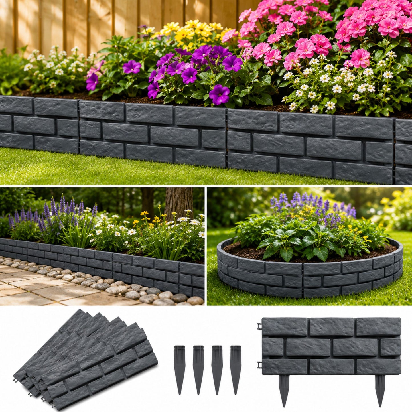 Stone Effect Plastic Garden Border Edging, Grey 4 Pack