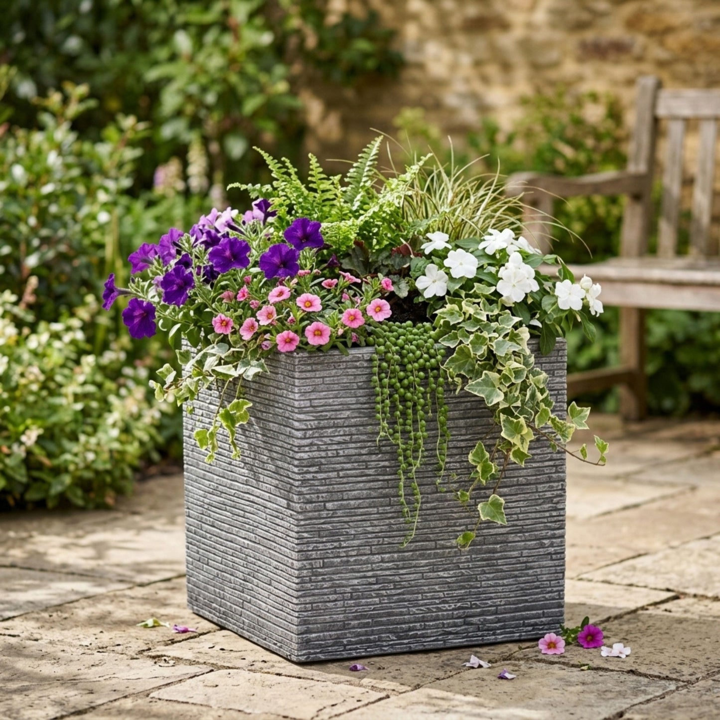 Large Grey Slate Effect Square Planter - 38cm