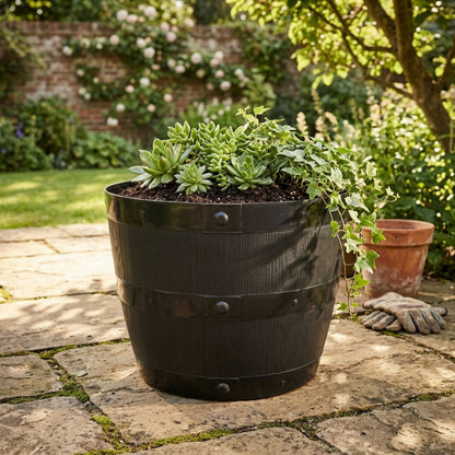 Large Black Barrel Plant Pot Tub | Plastic Outdoor/Indoor Planter