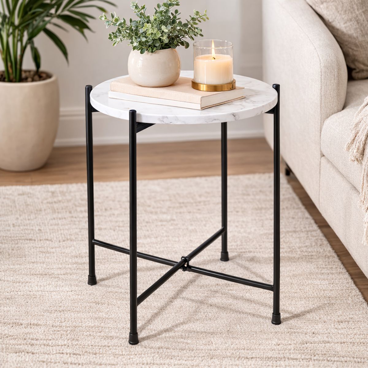 Round End Table, Small Side Tables White Marble Top, Modern Lightweiht Bedside Small Coffee Table for Living Room Bedroom Small Space, Marble Top Coffee Tables