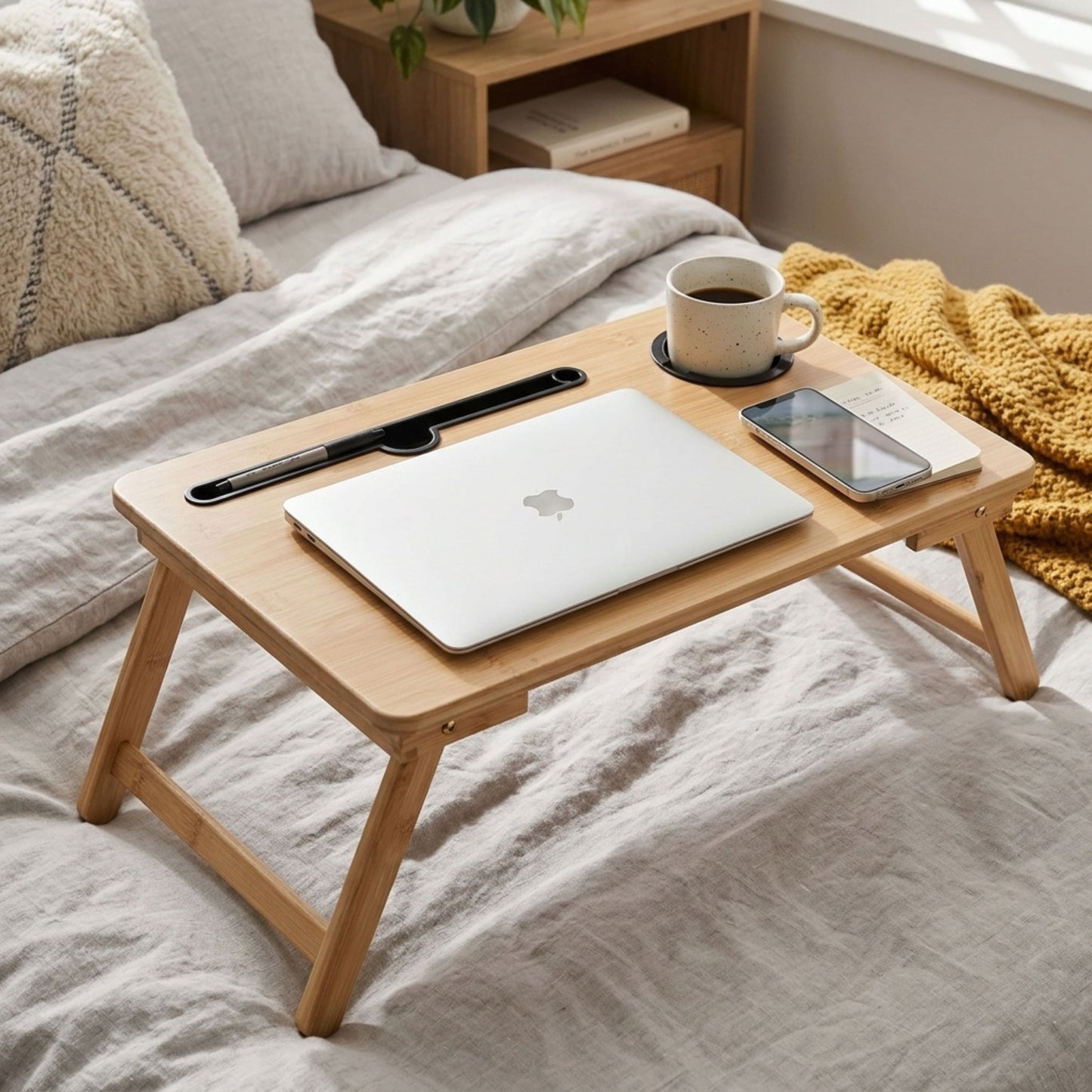 Bamboo Laptop Bed Table with Cup Holder - 63cm