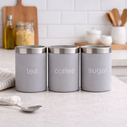 Set of 3 Modern Grey Tea, Coffee & Sugar Canisters – Airtight Storage Jars