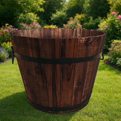Wooden Barrel Flower Pot with Handles